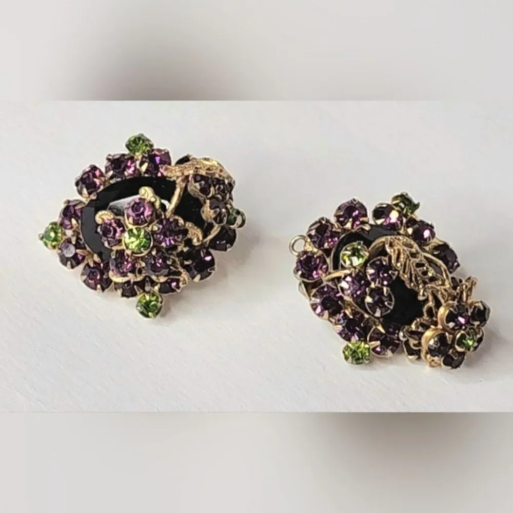 Vintage Gold Peridot Amethyst floral fillagree clip on earrings